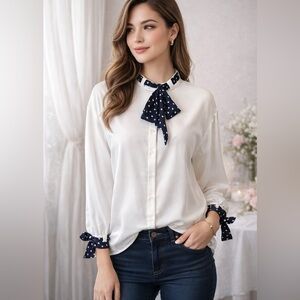 Zara Basic Button Up Blouse with Polka Dot Ties and 3/4 Sleeves/Medium